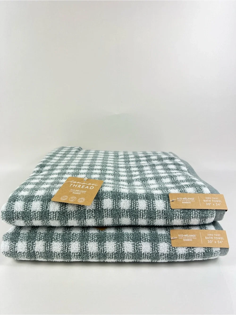 Common Thread Bath Towels Light Green White Check Eco-Melange Bamboo 2 Pc NEW